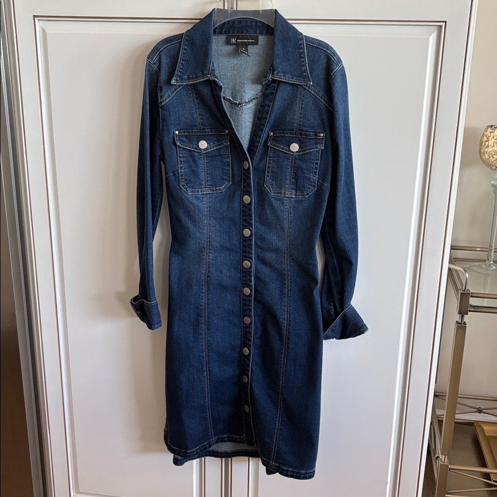 NWOT INC International Concepts Indigo Denim Snap Front Dress Size 4